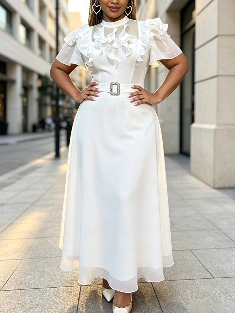 Women'S Semi Formal Evening Wear - Abito Midi Bianco Semi-Formale in Chiffon