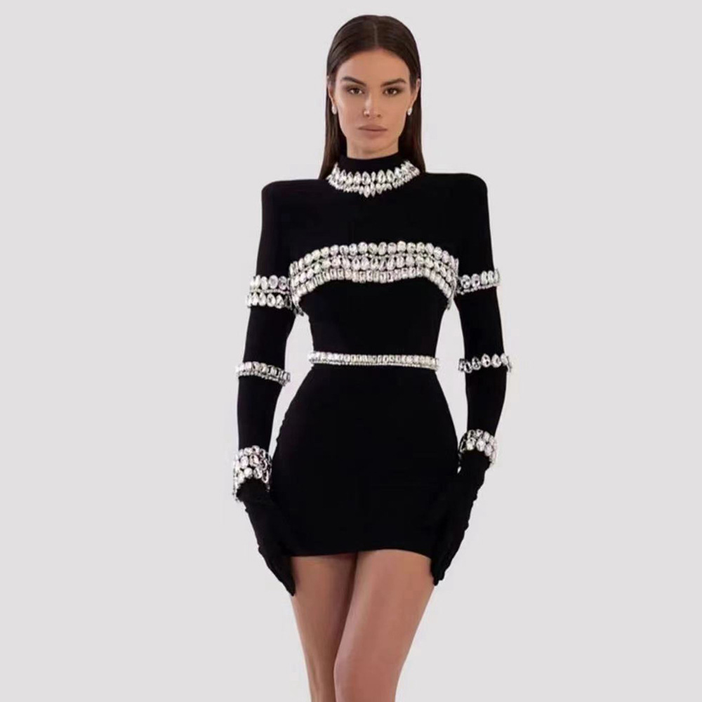 Women'S Semi Formal Evening Wear - Abito Nero con Collo Semi-Alto e